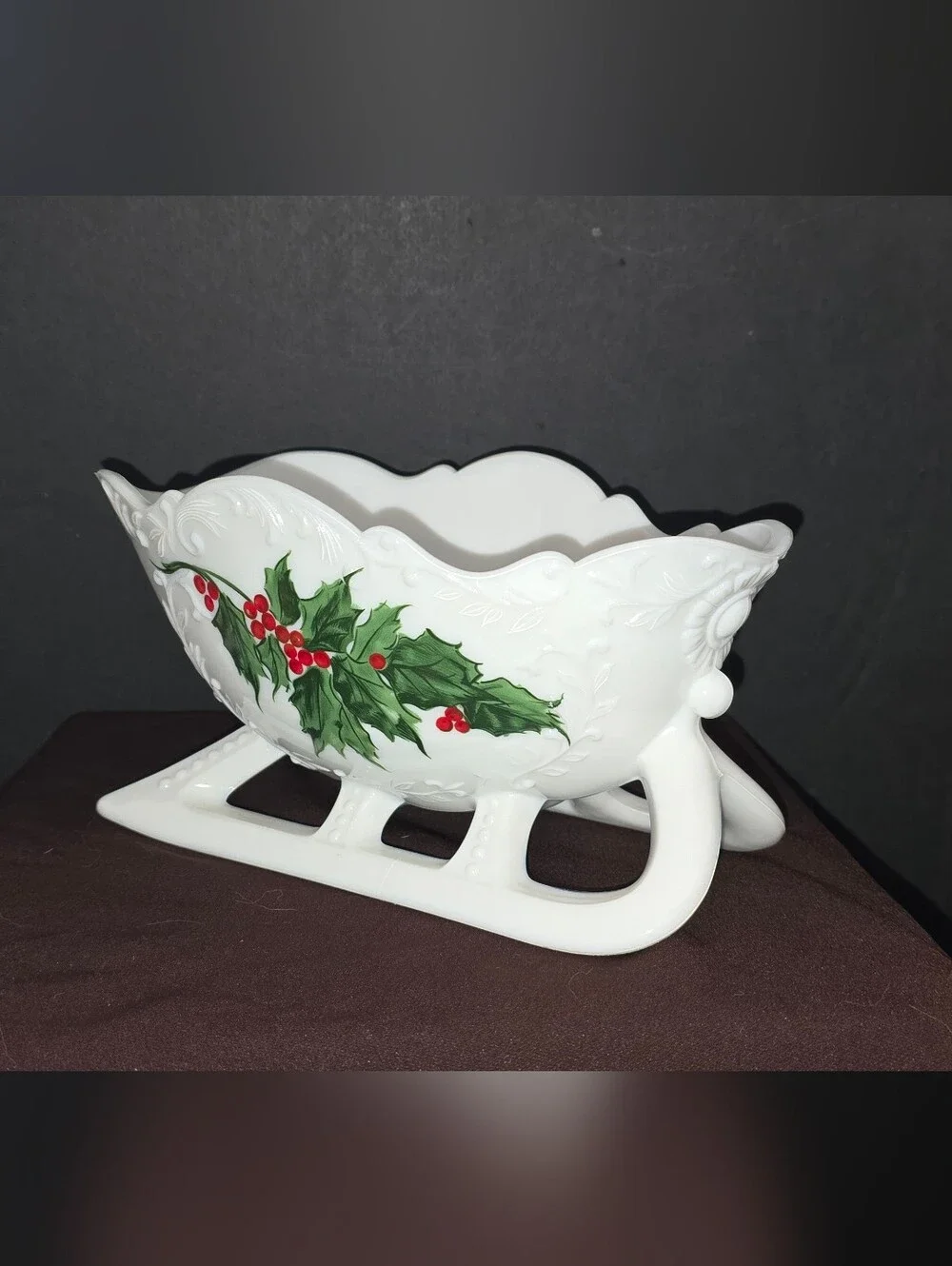 Westmoreland Glass Company hand-painted holly milk glass sleigh